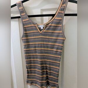 Olivaceous Gray/Orange  Striped Juniors V Neck Tank Top.